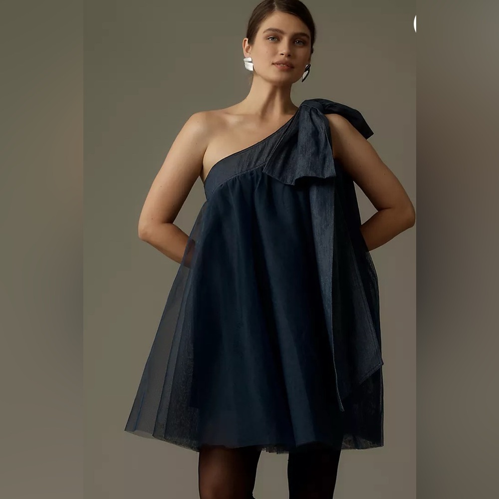 Anthropologie Pilcro Denim Tulle Navy Blue One Shoulder Bow Dress